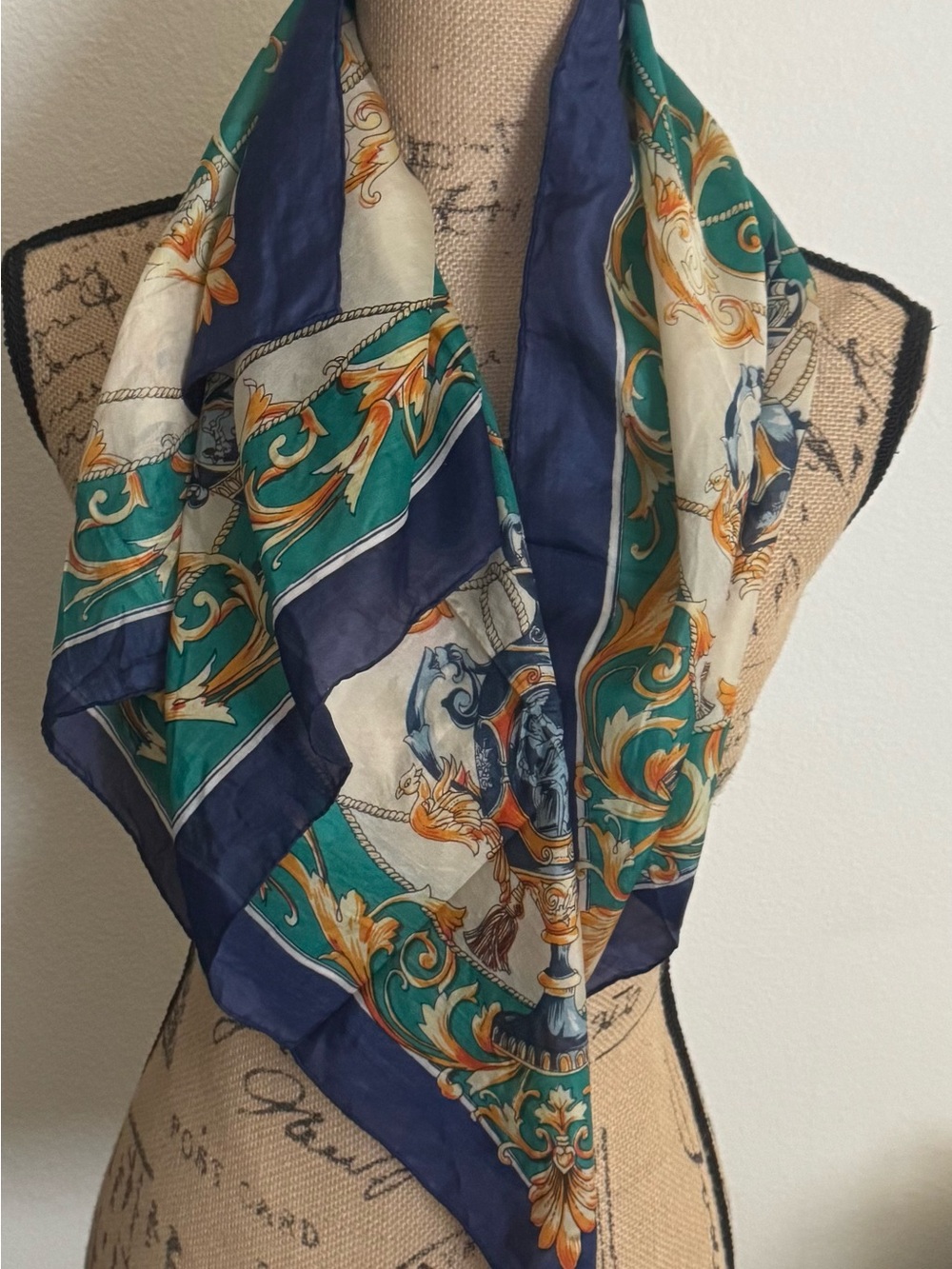 Vintage Silk Ornate Print Scarf in Teal & Navy